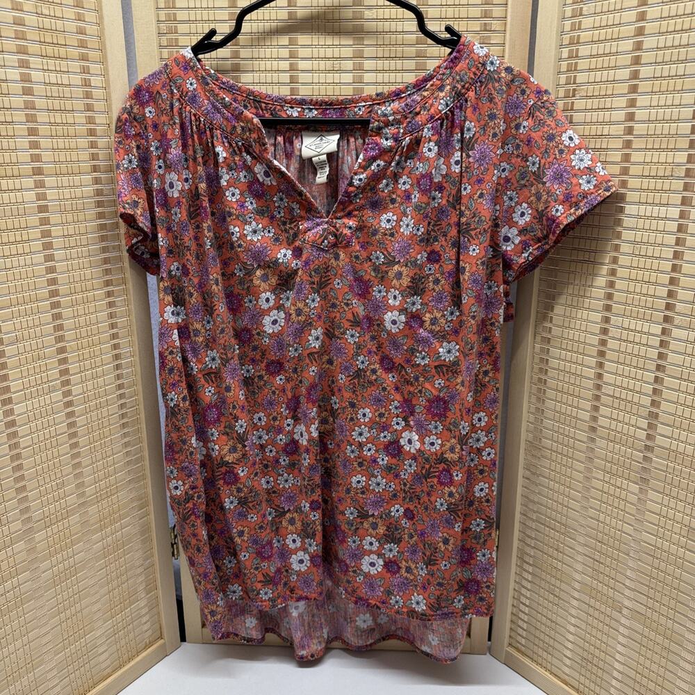 St John's Bay Top Women's Large Orange Pink Floral Pattern Short Sleeve